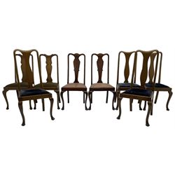 Matched set of fourteen early 20th century mahogany dining chairs, shaped cresting rail over shaped splat, upholstered drop-in seat, on cabriole front supports 