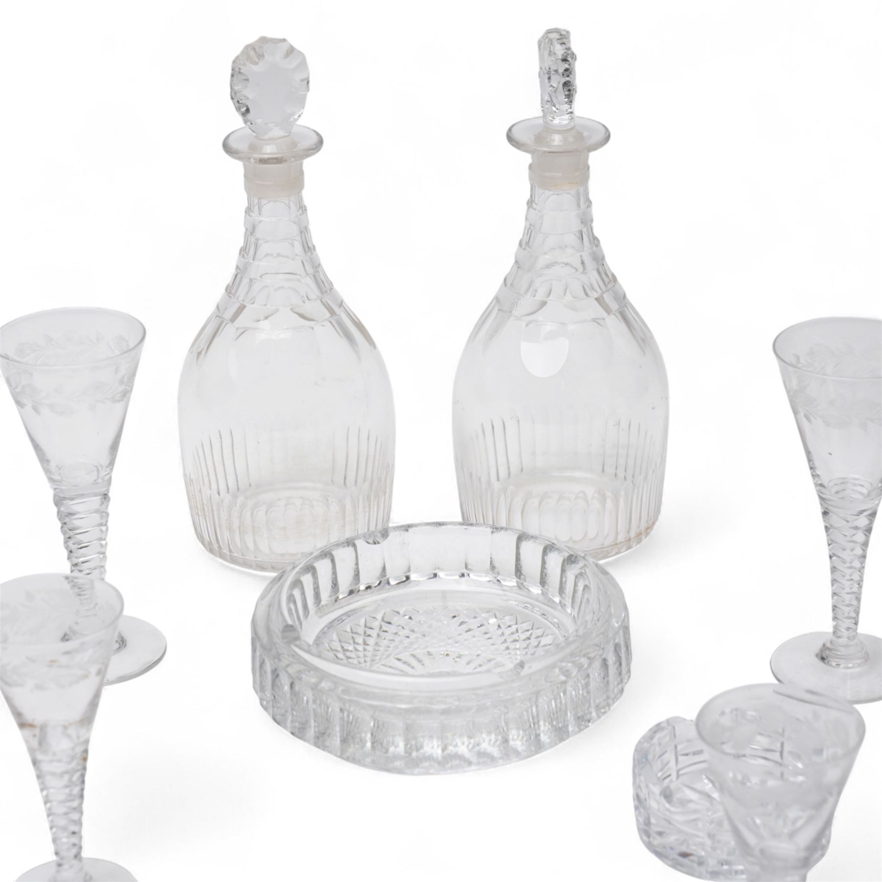 *Set of six Stuart crystal wine glasses with leaf etched decoration and cut tapering stems, nine smaller matching glasses, pair of Waterford Colleen tumblers, pair of smaller tumblers, pair of glass decanters and two glass ashtraysFrom the Kirkham Hall Attic & Cellar Collection, sold without reserve