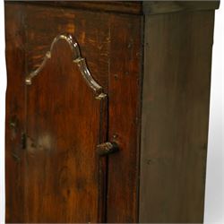 Jonas Barber of Winster (Westmoreland), provincial mid-18th century ash and oak cased 30-hour longcase clock, hood with a flat pediment, square hood door and attached pilasters, trunk with a full length shaped door on a square plinth with an applied skirt, brass dial with cast cherub spandrels, plain dial centre with date aperture and steel hands, silvered chapter ring engraved with Roman numerals, five minute Arabic's, quarter hour and minute tracks with half-hour markers, chain driven countwheel striking movement striking the hours on a bell. With weight and pendulum.
