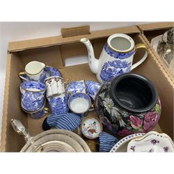 Large quantity of Victorian and later silver-plated metalware, to include repousse dishes, tea wares, Walker & Hall, child's Humpty Dumpty engraved cup and bear twin handled nursery bowl, cutlery etc, together with quantity of ceramics including Limoges and Poole, dolls etc
