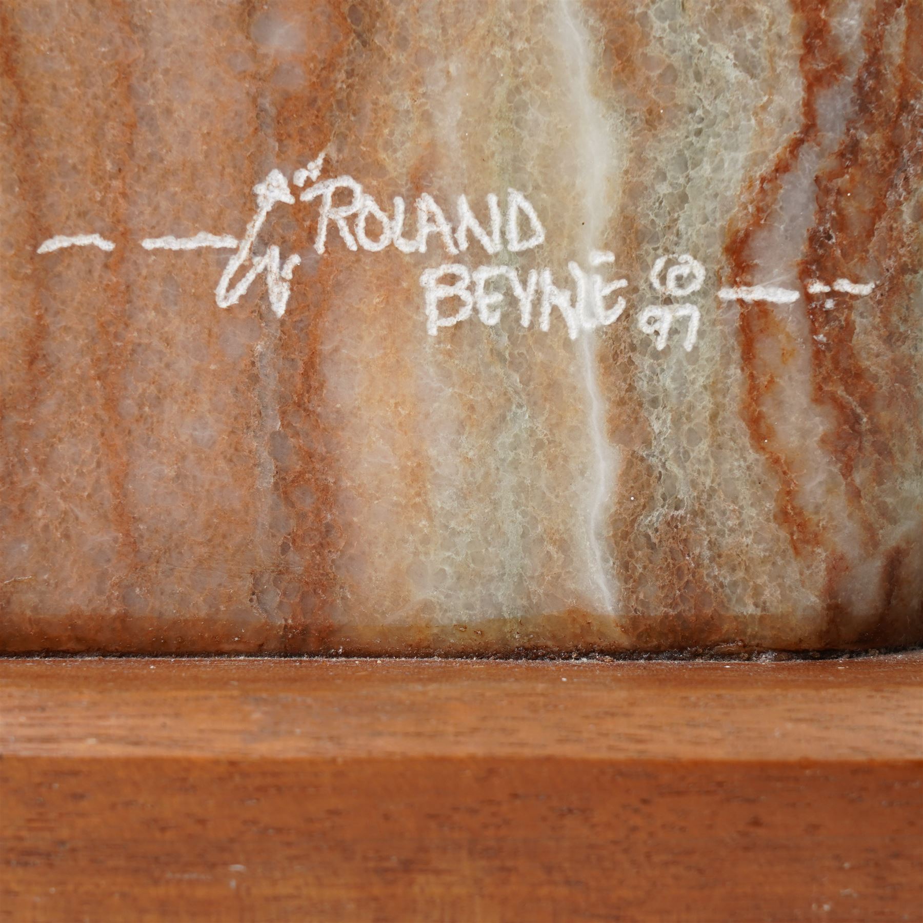 Roland Beyale (Native American Contemporary): Proudly Stood Man, carved alabaster sculpture signed and dated '97, on wooden base, overall H53cm 