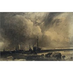 George Sheffield (British 1839-1892): Fishing Boats on the Shore, monochrome watercolour and charcoal signed and dated 1885, 55cm x 80cm