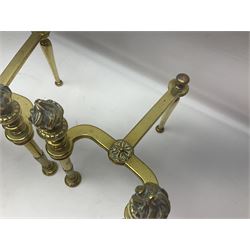 Early 20th century brass coal bucket with pierced sides, upon three pad feet, together with a pair of brass fire dogs, with flambe finials, coal bucket H27cm