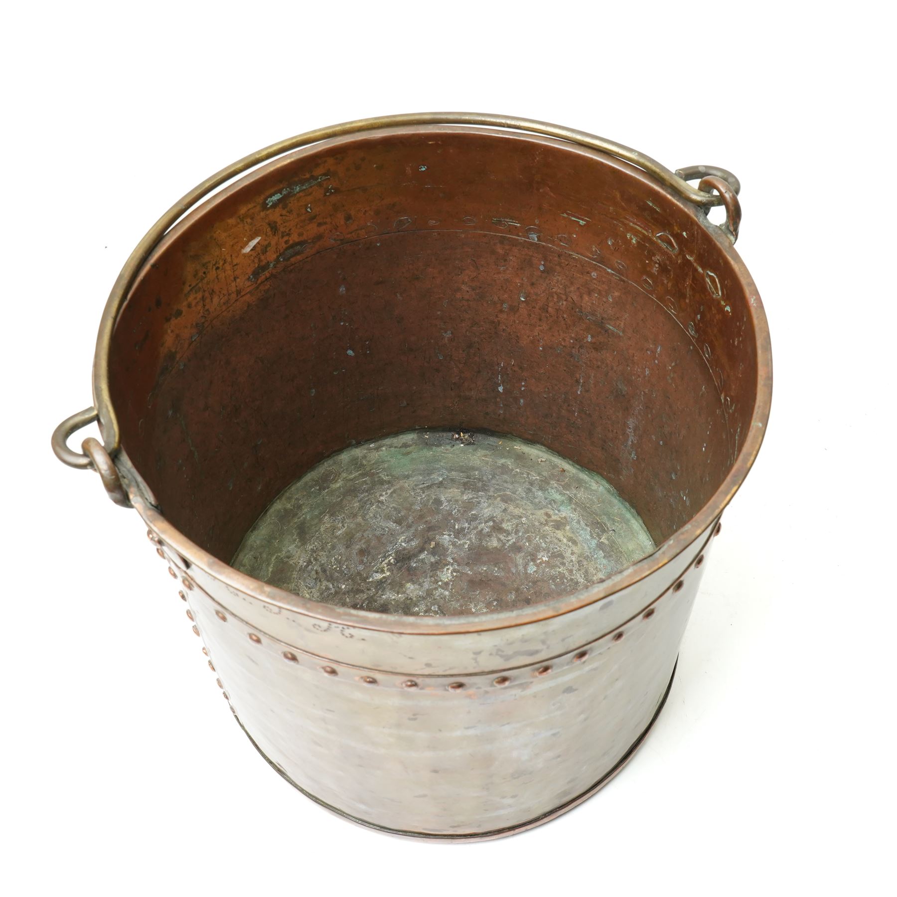 Riveted copper bucket with swing handle, marked with initials and 1864 H31cm x D34cm