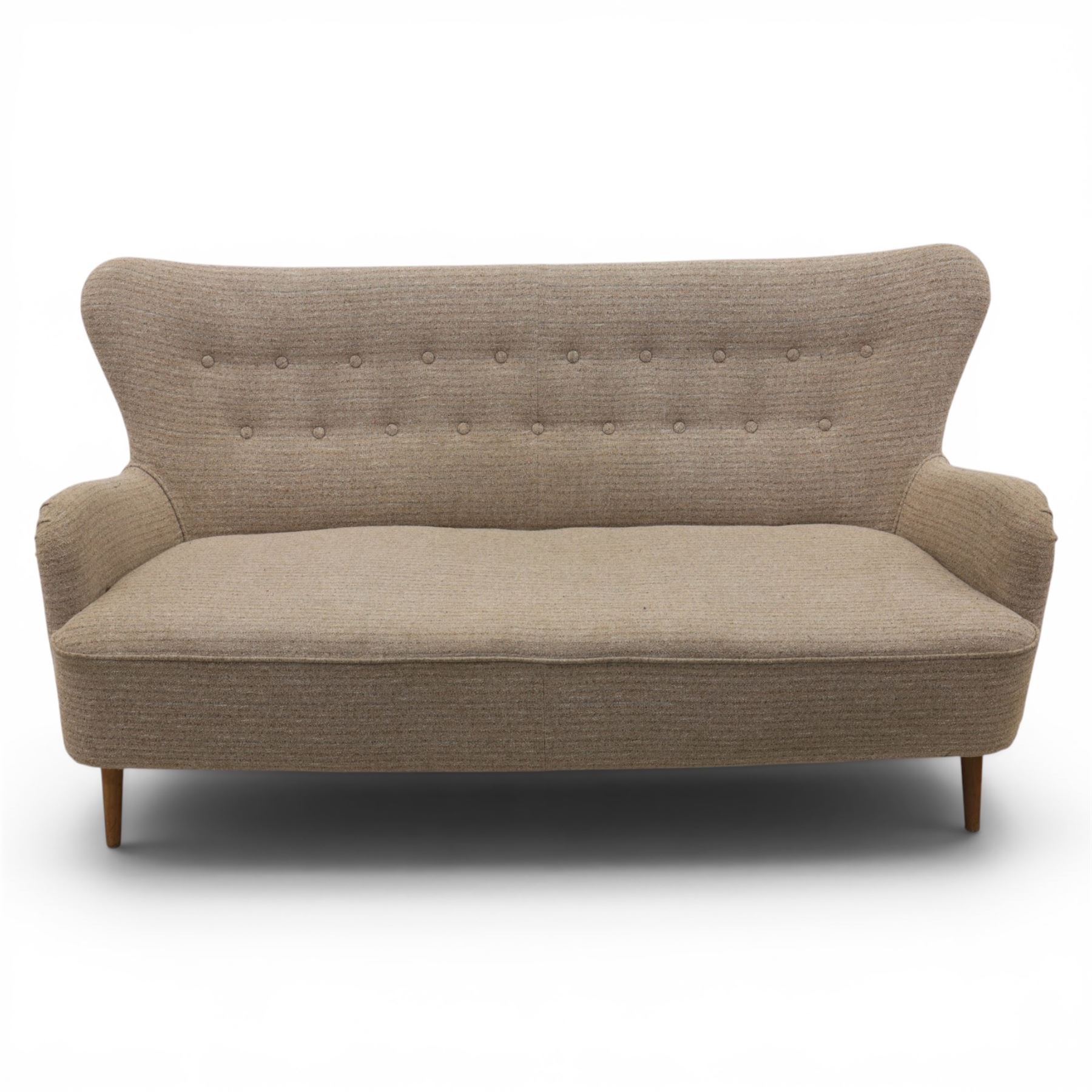 Ernest Race (British 1913-1964) - mid-20th century DA3 wingback settee upholstered in buttoned beige fabric