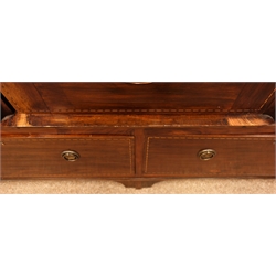 Edwardian inlaid mahogany wardrobe central mirror door above two drawers on bracket feet (W162cm, H207cm, D56cm), and the matching dressing chest, oval mirror above two short and three long drawers on square legs (W107cm, H157cm, D48cm)  