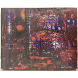 Amanda Jane Pickles (Yorkshire Contemporary): 'New York Nightlife' and 'Moorland Storm', two mixed media works signed, titled on labels verso max 61cm x 61cm (2) (unframed)