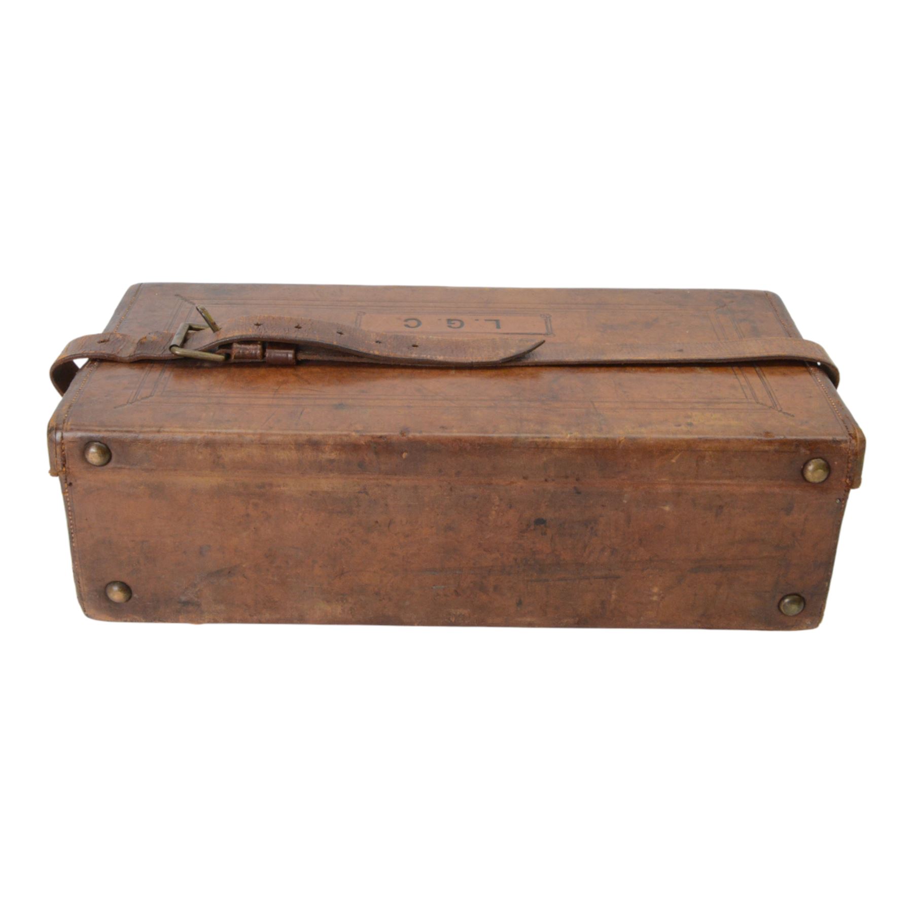 Leather six division shotgun cartridge box with the label of James Woodward, London W47cm