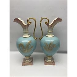 Pair rubian art pottery jugs and pair painted Doulton plates, jugs H42cm