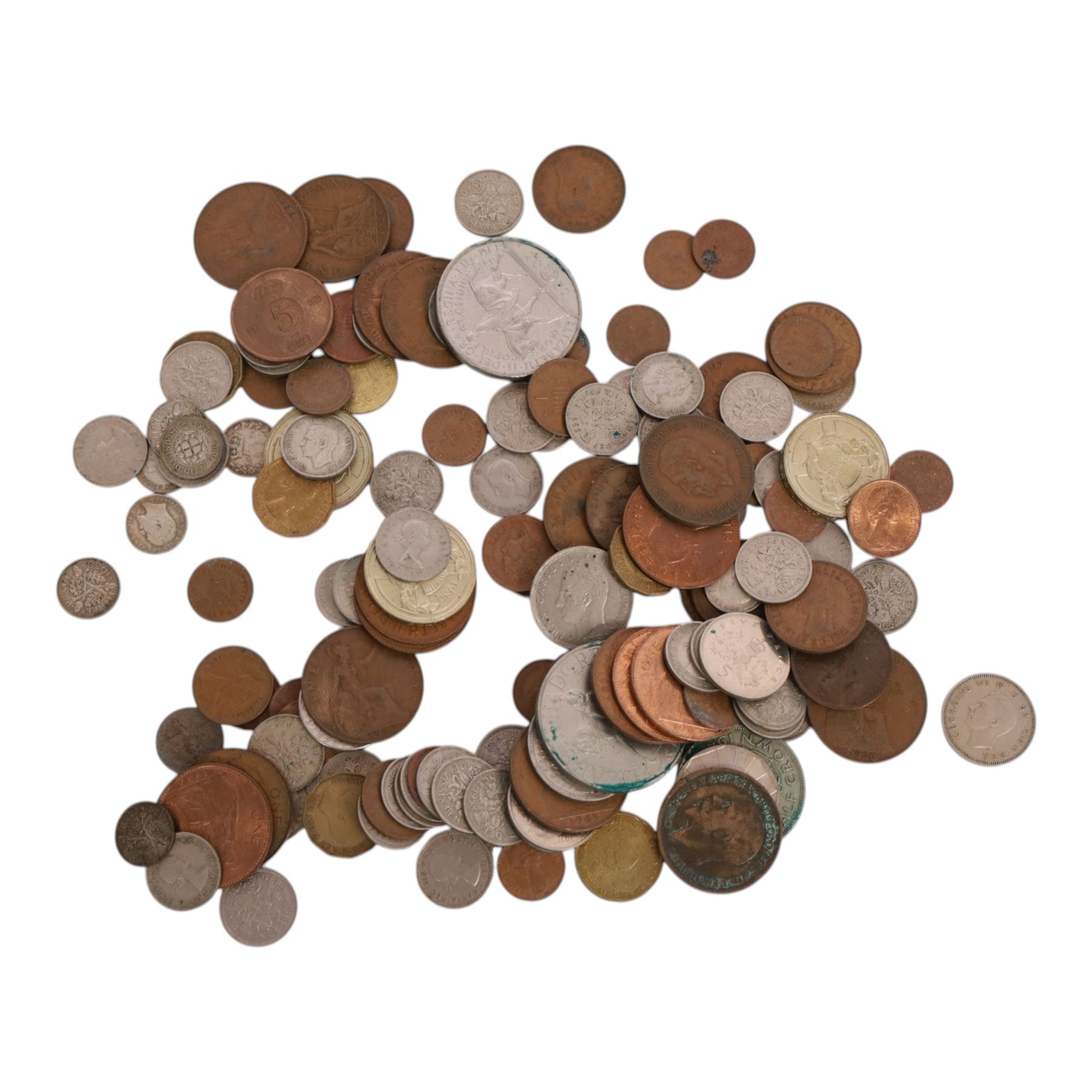 Approximately 89 grams of Great British pre-1920 and approximately 18 grams of Great British pre-1947 silver coins, together with various further Great British and world coins, and three ten shilling notes