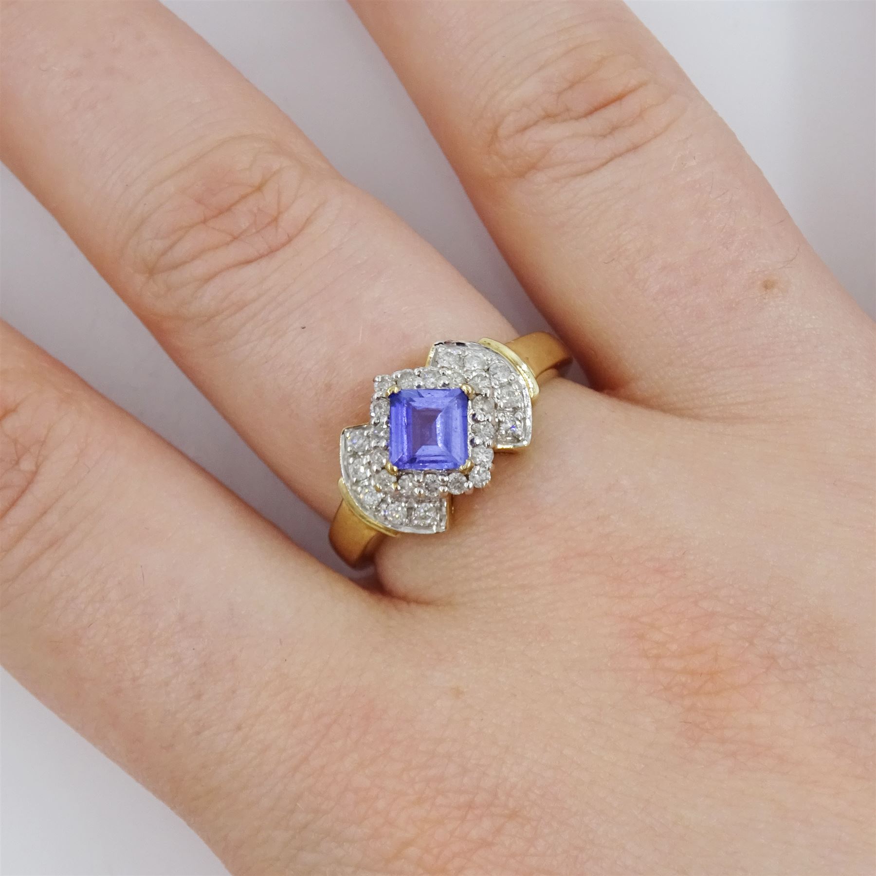 9ct gold square cut tanzanite and round brilliant cut diamond ring, hallmarked, tanzanite approx 0.45 carat