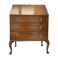  Early 20th century walnut bureau, fall front enclosing fitted interior, fitted with three long drawers, on cabriole supports