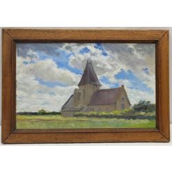 Neil Tyler (British 1945-): 'Hawsker Church', oil on board signed and titled, landscape sketch verso 29cm x 47cm