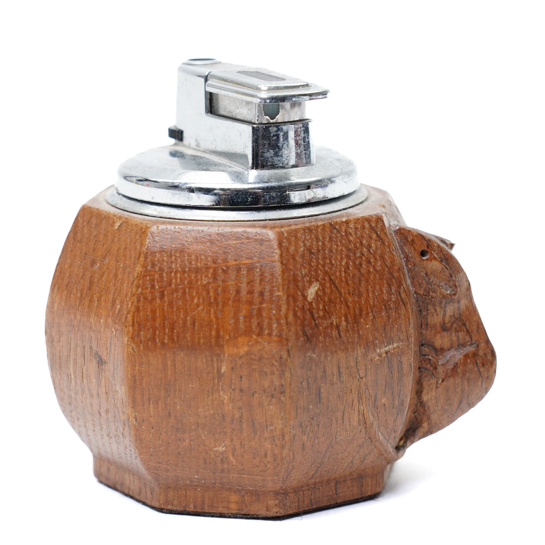 Mouseman - oak octagonal table lighter with carved mouse signature by the workshop of Robert Thompson, Kilburn, H7cm