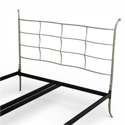 And So To Bed - ‘Verdi’ king size bed, with metal headboard and footboard formed with undulating silver painted metal horizontal bars and shaped uprights, on a black metal bed frame,