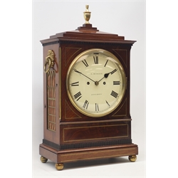  Regency figured mahogany bracket clock, stepped sarcophagus top with turned brass finial, grille panelled sides, acanthus ring handles and brass inlay, Roman dial signed 'A. Burger, London', twin fusee movement striking the hours on bell, with strike/silent lever, H51cm  