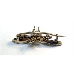 Victorian gold and silver insect brooch, the wings set with rose cut diamonds, the body set with a diamond and single pearl 