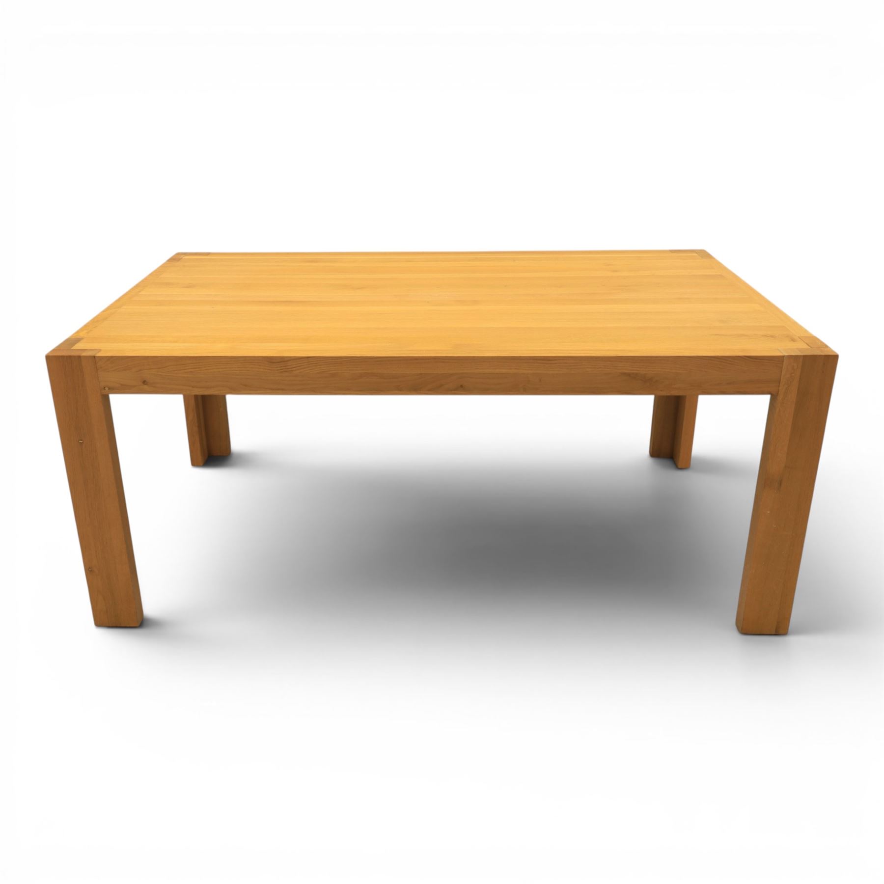 Modern solid oak dining table with set six chairs, chairs with brown leatherette seat