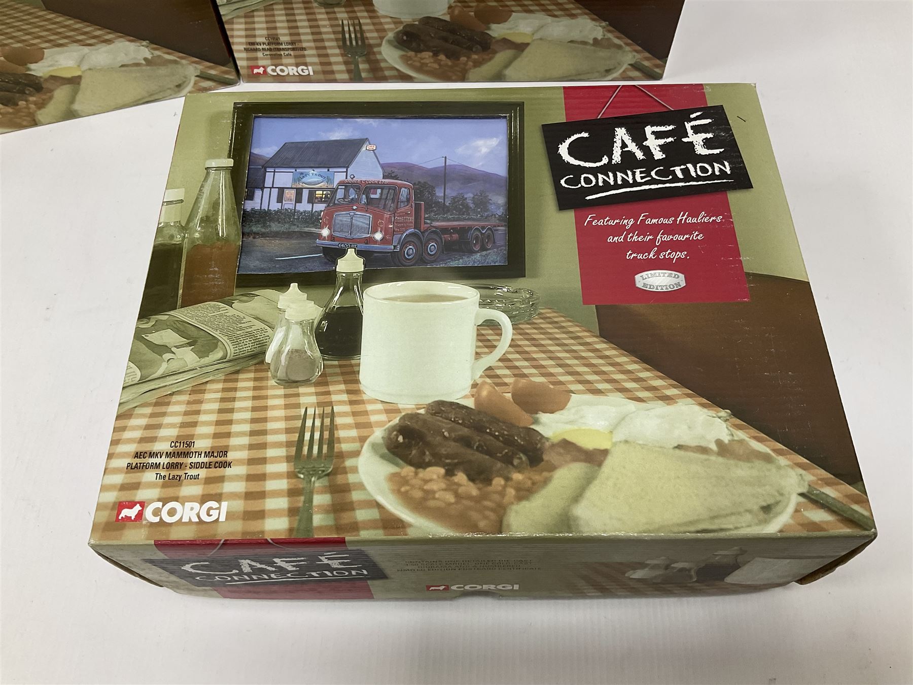 Corgi - six Cafe Connection boxed sets to include CC10501 ERF K. Platform Lorry - Richard Read (Transport) Ltd. Coronation Cafe; CC10801 Foden S21 Tipper with Gravel Load - Moreton C Cullimore & Son Ltd. The Towers; CC11603 Albion Reiver Sheeted Platform Lorry - W.H. Malcolm Ltd. Jungle Cafe; with three further examples, all boxed (6)
