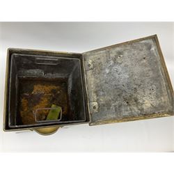 Brass coal box decorated with floral swag with twin handles raised, upon four claw feet, H40cm and another twin handled brass coal box