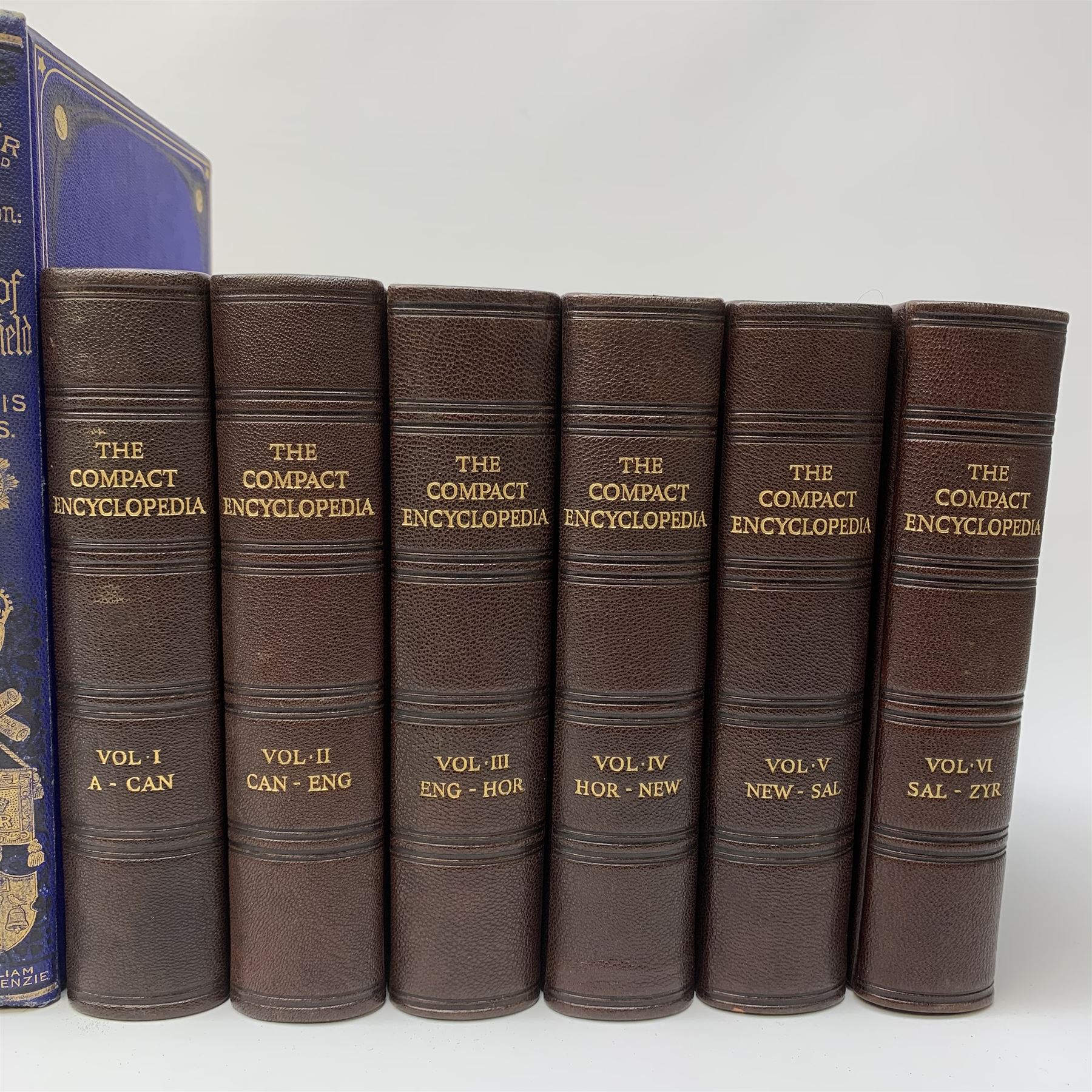 Taylor James (Ed): The Victorian Empire; A Brilliant Epoch in Our National History. Five volumes; and Ewald Alexander Charles: The Right Hon. Benjamin Disraeli Earl of Beaconsfield and his Times. 1881. Five volumes; both with decorative blue cloth/gilt bindings and a.e.g.; together with The Compact Encyclopedia. 1931. Six volumes. Quarter leather binding (16)