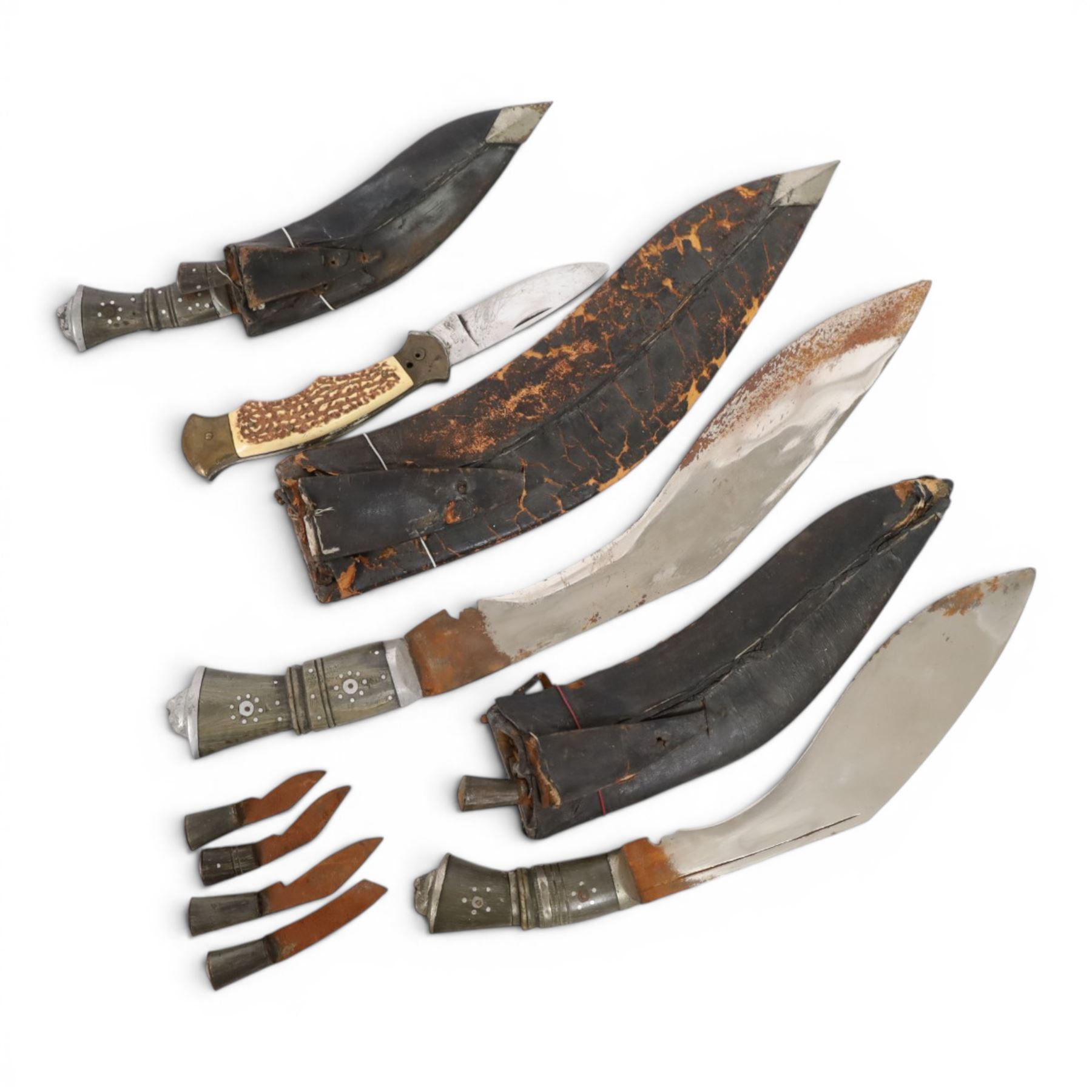 Gurka Kukri, together with two smaller examples and a Japnese folding knife 