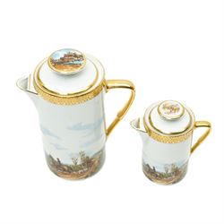 Limoges  coffee set decorated with hunting scenes within a gilt border comprising twelve cups and saucers, coffee pot, cream jug and sugar bowl