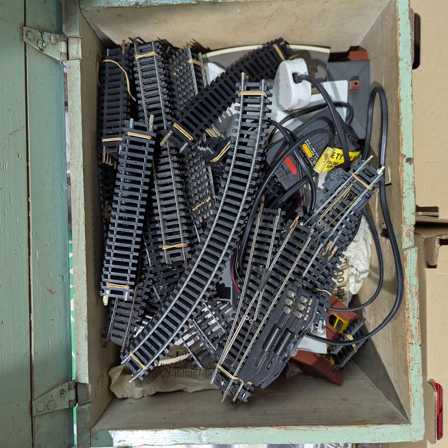 Quantity of OO gauge model railway, Meccano and other items and a pine toy box