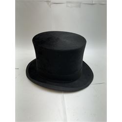 Akubra pure fur felt trilby hat, together with another trilby and two top hats, one by Woodrow and one by Dunn & Co