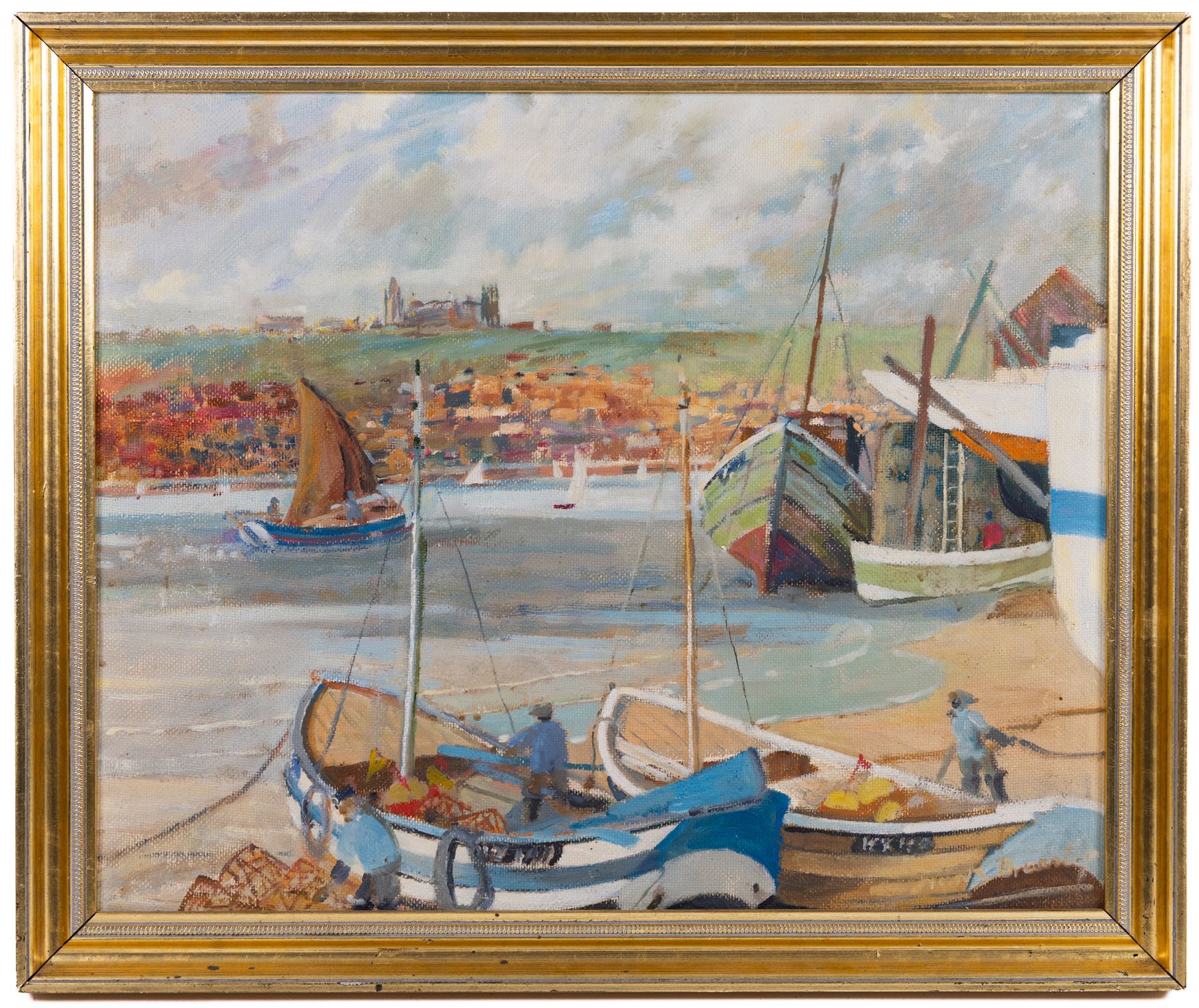 English School (Contemporary): Whitby Boats at Low Tide, oil on board indistinctly signed 45cm x 54cm 