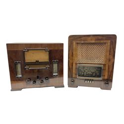 1930s Marconi model 296 valve radio, with Bakelite knobs and trim and 'M' over speaker fret, H40cm W46cm D27cm, together with 1930s Ferguson 702 valve radio with Bakelite knobs, H47cm