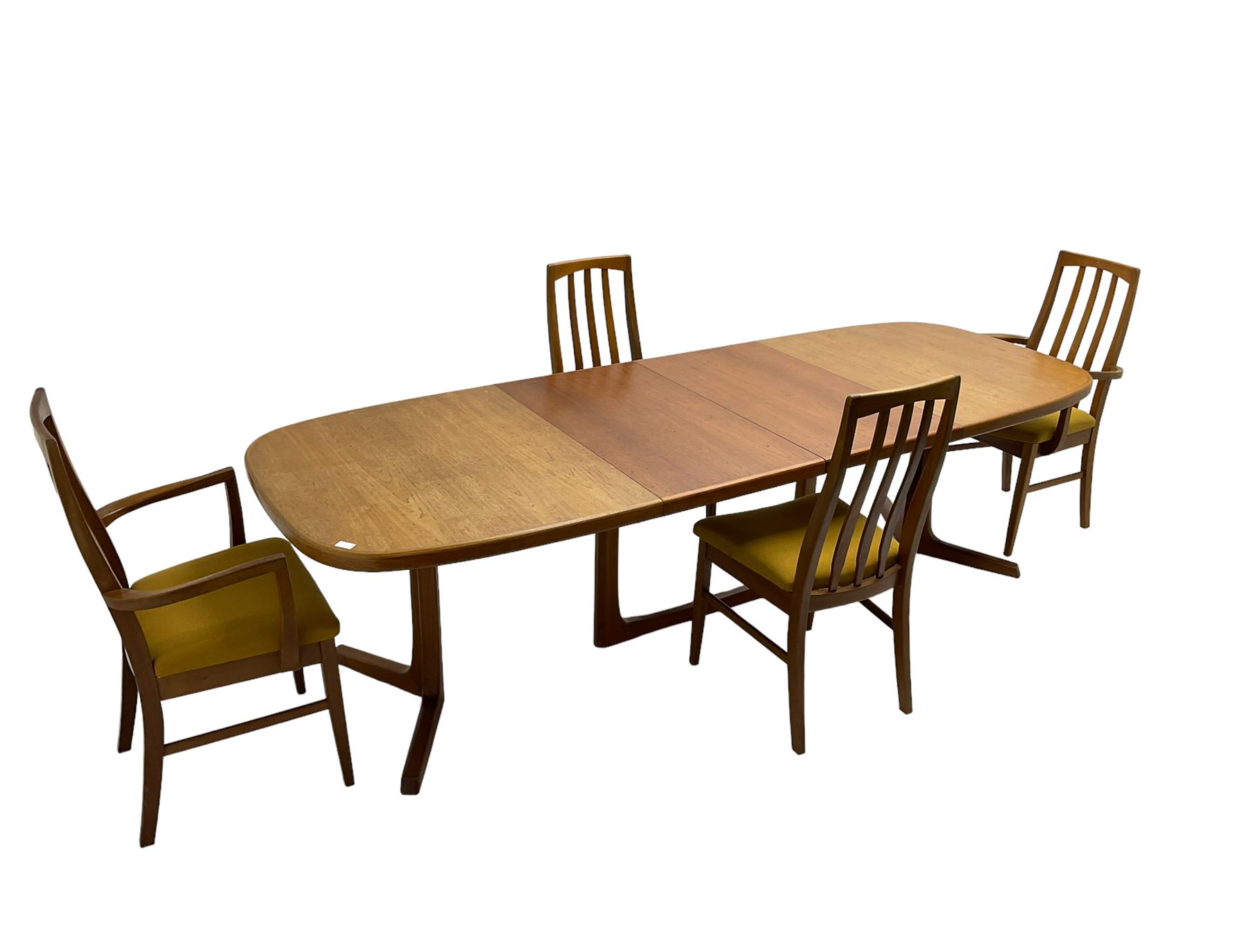 Oluf Theodore Larsen for NMB - mid-20th century teak extending dining table with two additional leaves, on splayed supports (261cm x 95cm x 73cm), and set four (2+2) mid-20th century teak dining chairs with high vertical slatted back on tapered supports (54cm x 51cm x 99cm)
