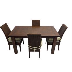 Rectangular oak dining table on block supports, together with set four cane high back dining chairs with upholstered seat cushions