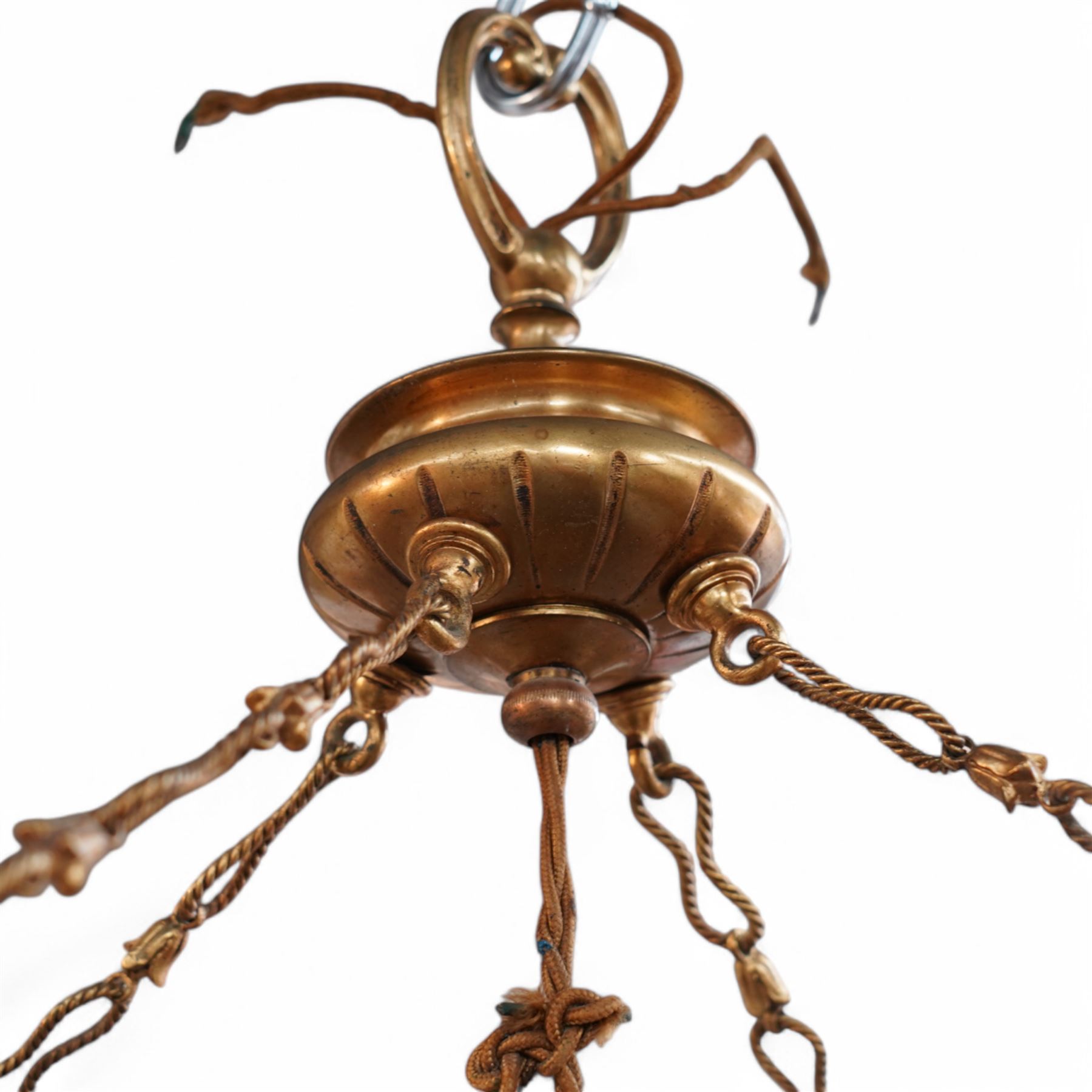 Late 20th century gilt metal ceiling light, circular form decorated with rams heads and swags, frosted glass bowl with bevelled decoration (D51cm); together with another late 20th century gilt metal ceiling ight, decorated with ribbons and rams heads with laurel swags, moulded glass bowl (D32cm)