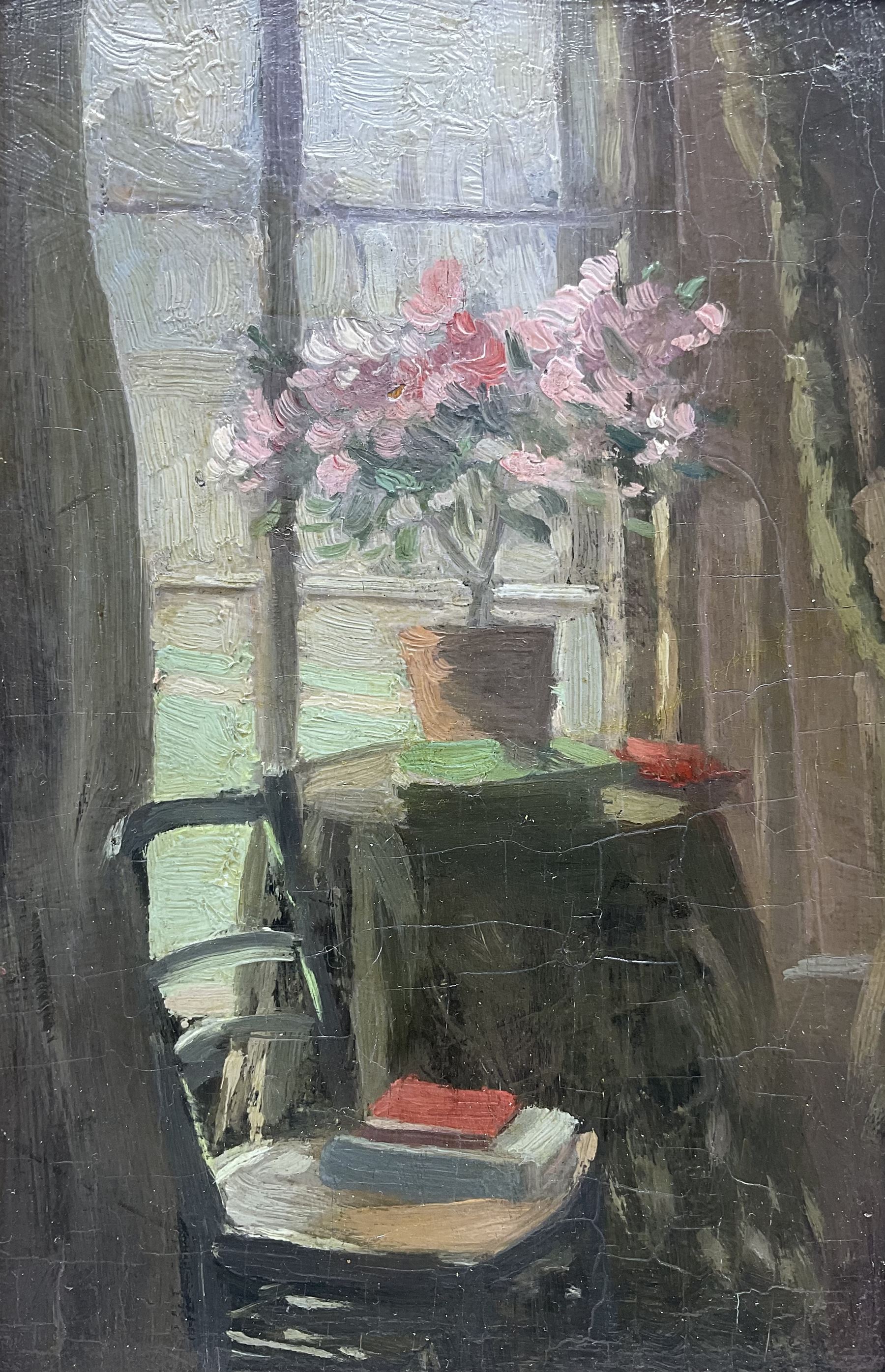 Scottish School (Late 20th century): View of Edinburgh Castle from a Princess Street Window, oil on panel unsigned, titled verso 23cm x 15cm