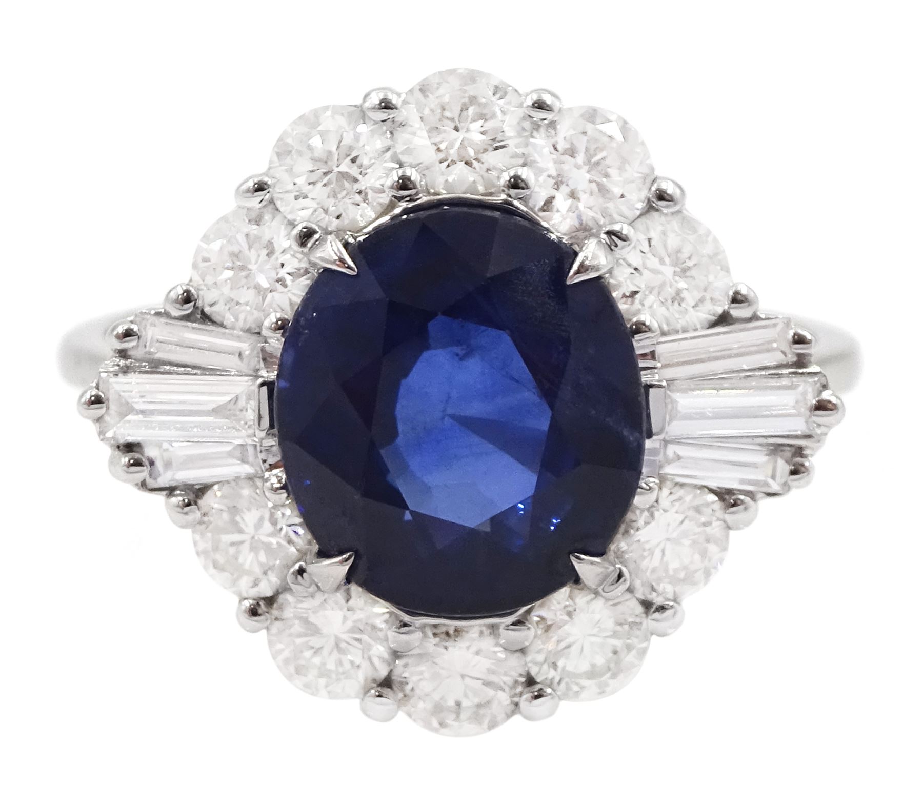 18ct white old oval sapphire, round brilliant cut and baguette cut diamond cluster ring, stamped 750, sapphire 2.93 carat, total diamond weight 1.07 carat, with World Gemological Institute Report