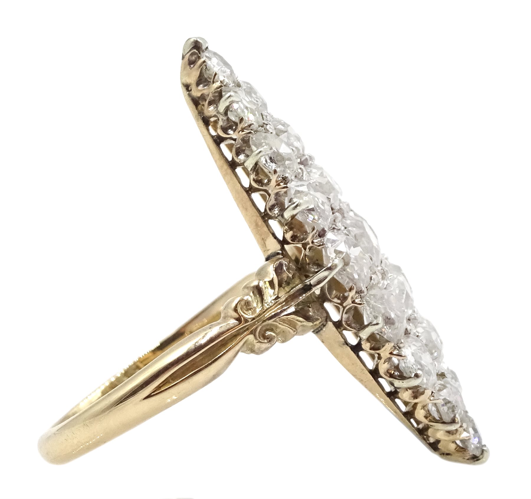 Victorian rose gold and silver, diamond marquise shaped ring, total diamond weight approx 1.70 carat
