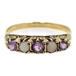  9ct gold (tested) five stone opal and amethyst ring  