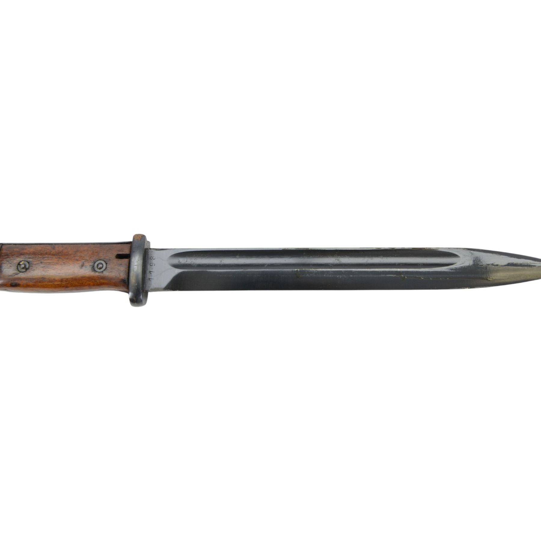  British 1903 pattern SMLE bayonet by Wilkinson London, marked 1903 Wilkinson London to the blade, in scabbard, with leather frog, together with German K98 bayonet with metal scabbard 