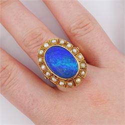 19ct gold black opal doublet and split pearl cluster ring