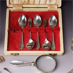 Silver three piece condiment set London 1973-1976 Maker C J Vander Ltd, George III silver sauce ladle London 1798, five silver coffee spoons, Dutch pierced silver server, silver handled knife, silver handled magnifying glass and small silver dish