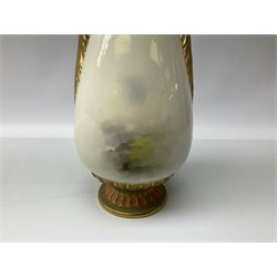 Early 20th century Royal Worcester vase decorated by Harry Davis, of ovoid form with twin acanthus mounted handles and waisted high neck supporting a domed cover, upon a circular foot, the body hand painted with sheep in a highland landscape, signed H Davis, with puce printed marks beneath including shape number 2425, and date code for 1907, H27.5cm
