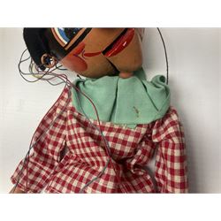 Pelham Puppet - a rare type SM Harlequin circa 1950s with painted black face mask, black felt hat, green ruff and red white chequered suit, H31cm; in original box with instructions 