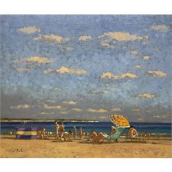 William Burns (British 1923-2010): 'The Orange Umbrella' - Bridlington Beach, oil on canvas signed, titled verso 51cm x 61cm (unframed)
Provenance: direct from the family of the artist