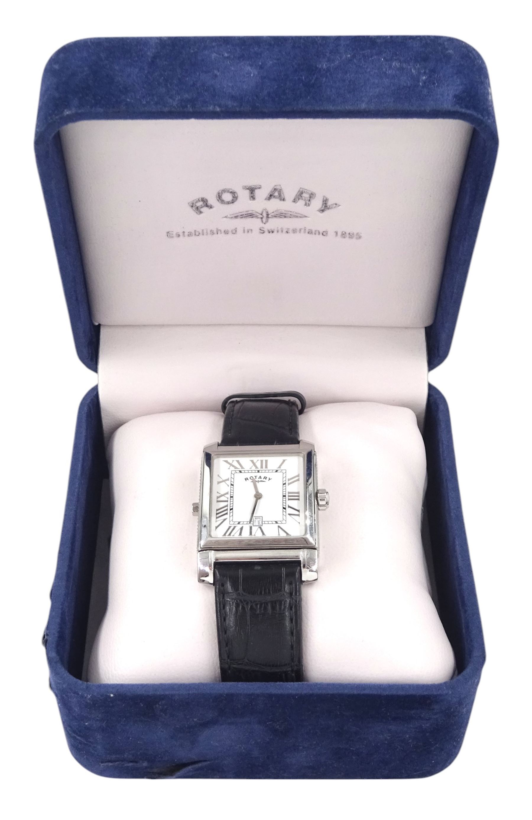 Rotary Revelation reversible night and day gentleman's stainless steel quartz wristwatch, silvered dial with Roman numerals, reversing to a second black dial with baton hour markers, both with subsidiary seconds dials, on original black leather strap, with fold-over clasp, boxed with guarantee dated 2008