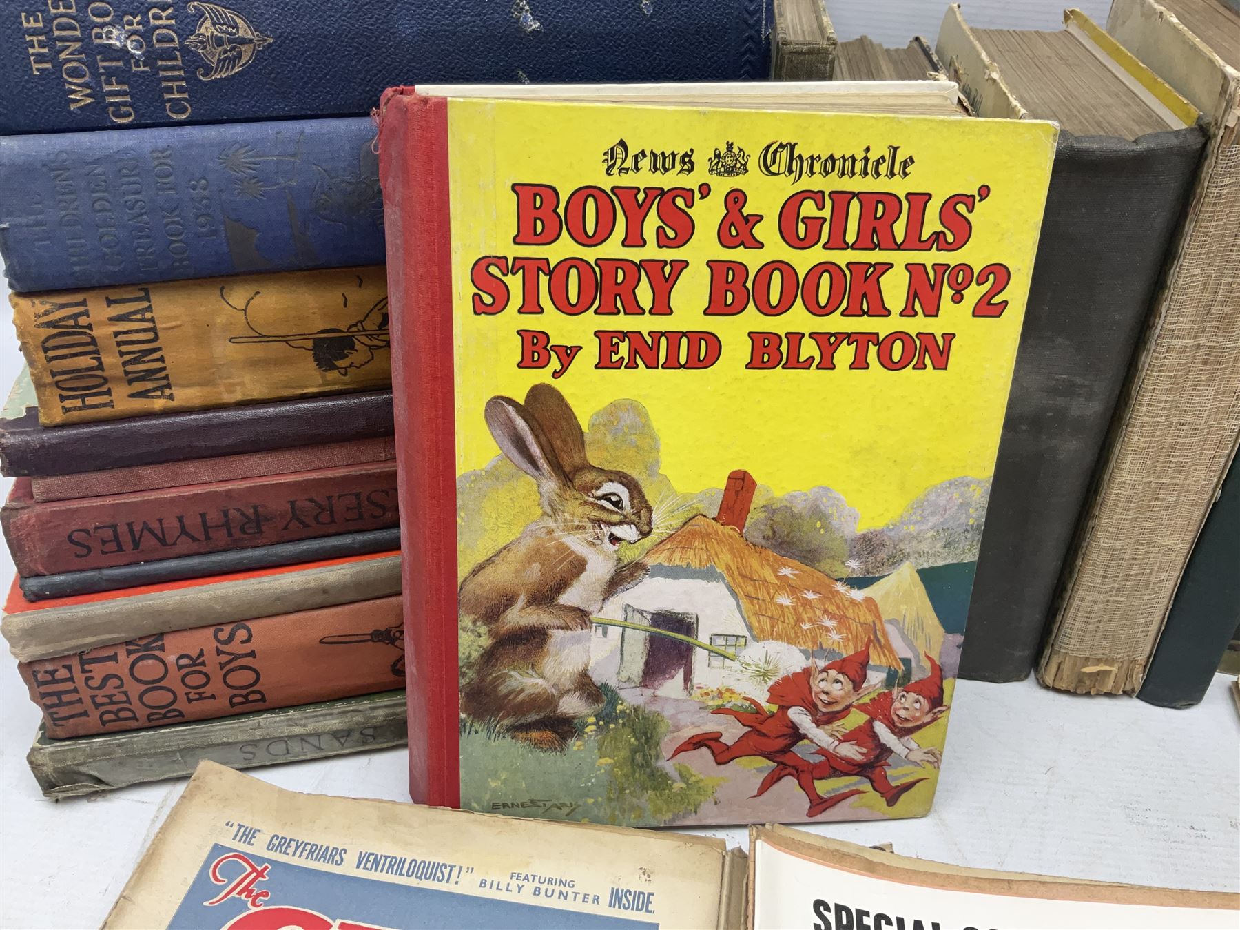 1930s Glevum Series boxed set of 'Coloured and Polished Building Bricks' with instructions; and quantity of 19th century and later children's books including The Fairy-Land of Science by Arabella B. Buckley. 1879; The Wonder Gift Book for Children 1933; The Greyfriars Holiday Annual 1938; The Willie Waddle Book 1933; twelve editions of School Boys Own Library 1937/8; Rainbow Annual 1952 etc