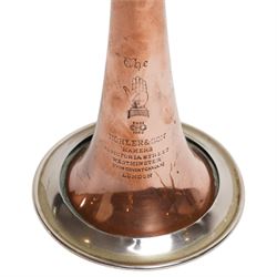 Kohler & Son (61 Victoria Street London) - Victorian silver plated and copper coaching horn of long tapering form with flared bell, stamped to the bell with makers mark and a '4' within a hand motif, L132cm