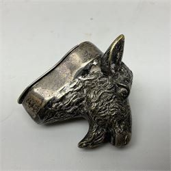 Silver plated snuff box, modelled as a goat's head, together with a pair of silver plated candlesticks and tray