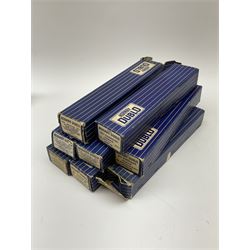 Hornby Dublo - eight coaches comprising D12 First L.M.S.; 32018 D12 Corridor Coach B.R. Brake/3rd (L.M.R.); 32090 D13 Suburban Coach First/Third B.R.; 32093 D14 Suburban Coach Brake/Third B.R.; 32096 D20 Composite Restaurant Car (Western Region); two 32094 D21 Corridor Coach B.R. First/2nd (W.R.); and 32023 D22 Corridor Coach B.R. Brake/2nd (M.R.); all in boxes (8)