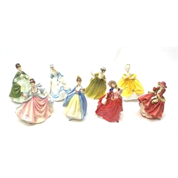  A group of Royal Doulton figurines, comprising Top O' The Hill HN1834, Autumn Breezes HN1934, The Last Waltz HN2315, Simone HN2378, Summertime HN3137, Rebecca HN2805, Premiere HN2343 (a/f), and Leading Lady HN2269 (a/f).   